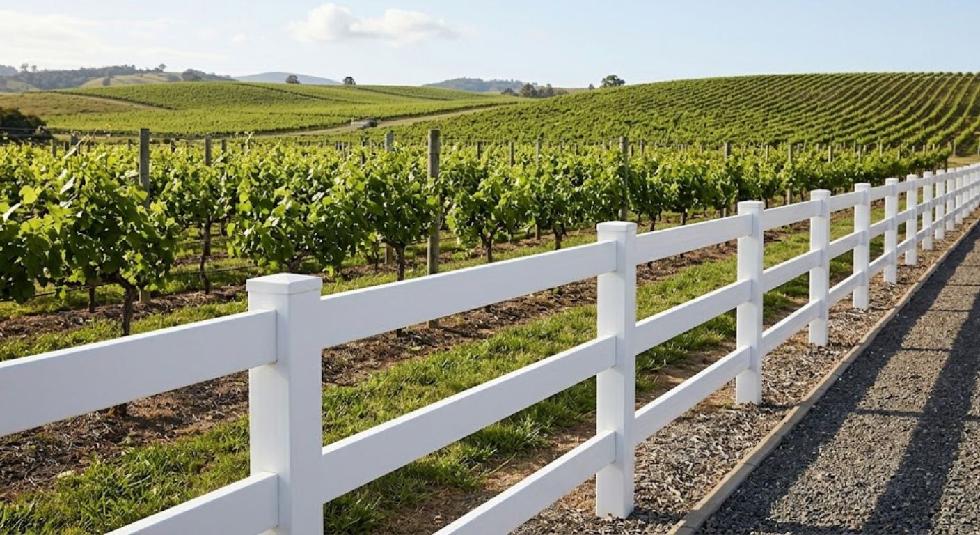 Timber post and rail, painted white or PVC? Timber post and rail, painted white.